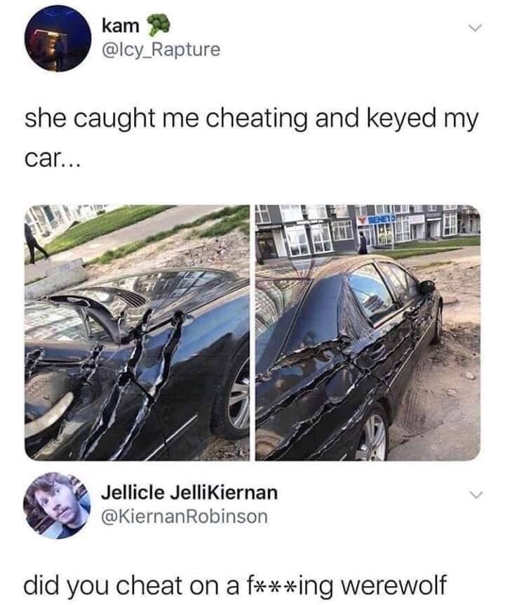 she caught me cheating and keyed my car - kam she caught me cheating and keyed my car... Jellicle JelliKiernan Robinson did you cheat on a fing werewolf