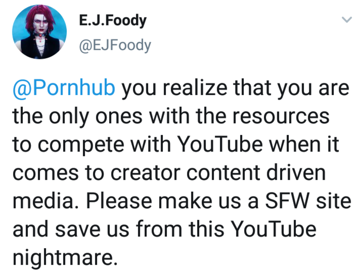 mr city was my father please call me owl - E.J.Foody you realize that you are the only ones with the resources to compete with YouTube when it comes to creator content driven media. Please make us a Sfw site and save us from this YouTube nightmare.