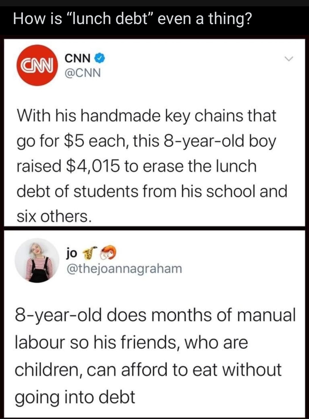screenshot - How is "lunch debt" even a thing? W Cnn With his handmade key chains that go for $5 each, this 8yearold boy raised $4,015 to erase the lunch debt of students from his school and six others. jor 8yearold does months of manual labour so his fri