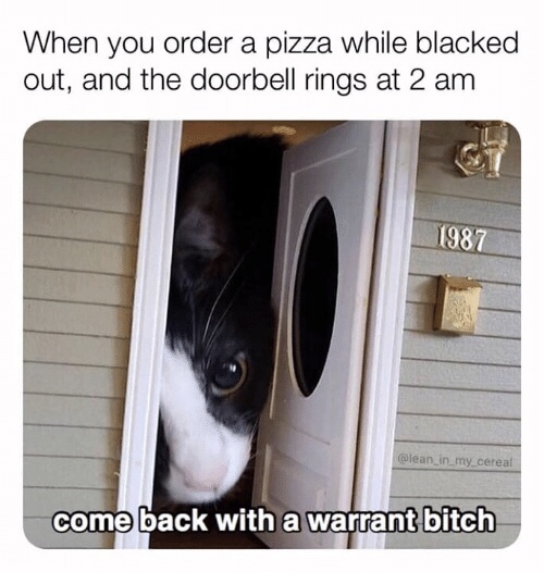 come back with a warrant bitch - When you order a pizza while blacked out, and the doorbell rings at 2 am 1987 lean in my cereal come back with a warrant bitch