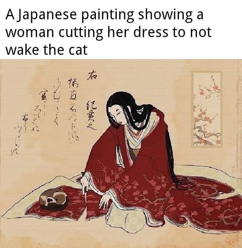 japanese woman cutting kimono cat - A Japanese painting showing a woman cutting her dress to not wake the cat