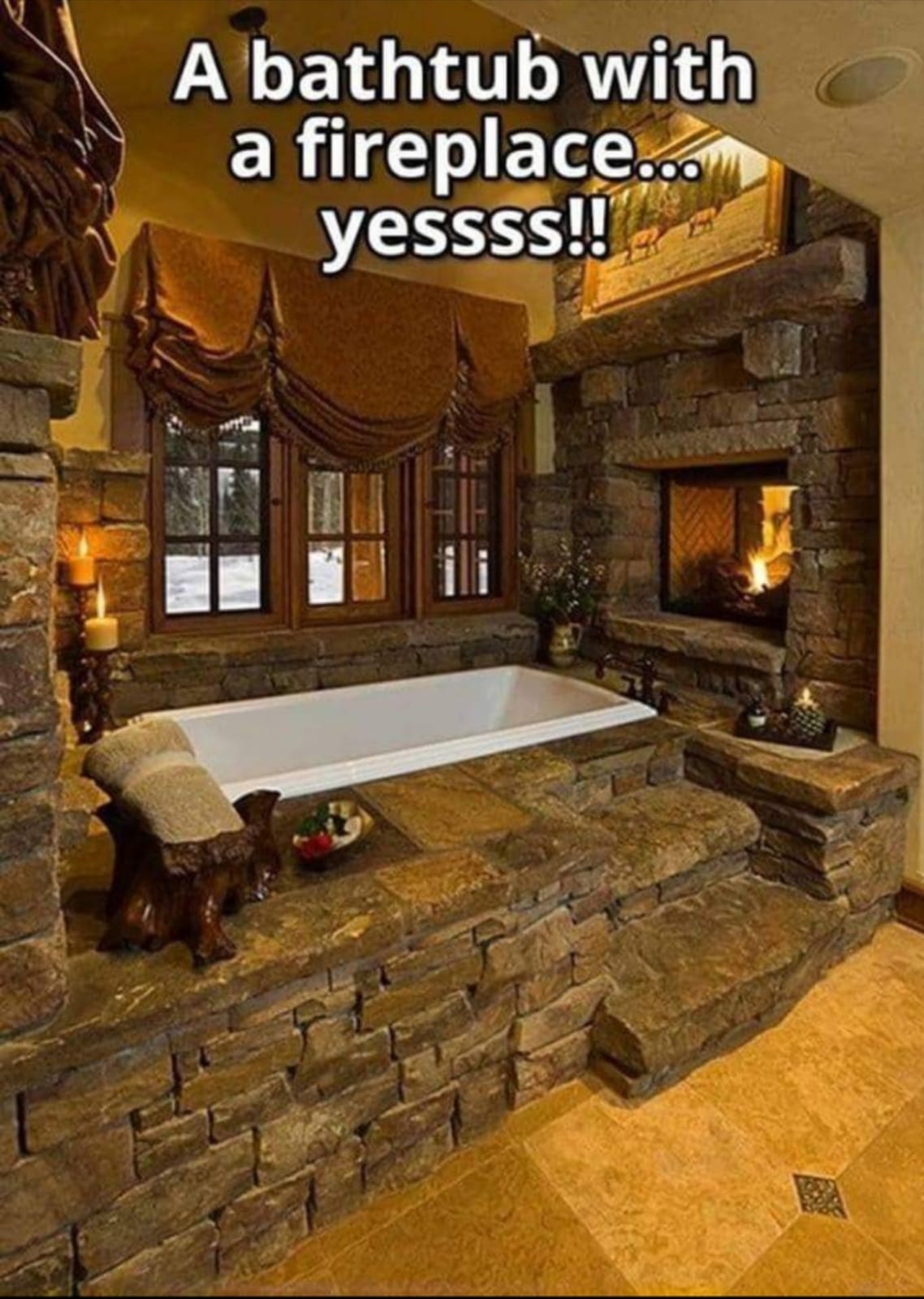 rustic bathroom with fireplace - A bathtub with a fireplace... yessss!!