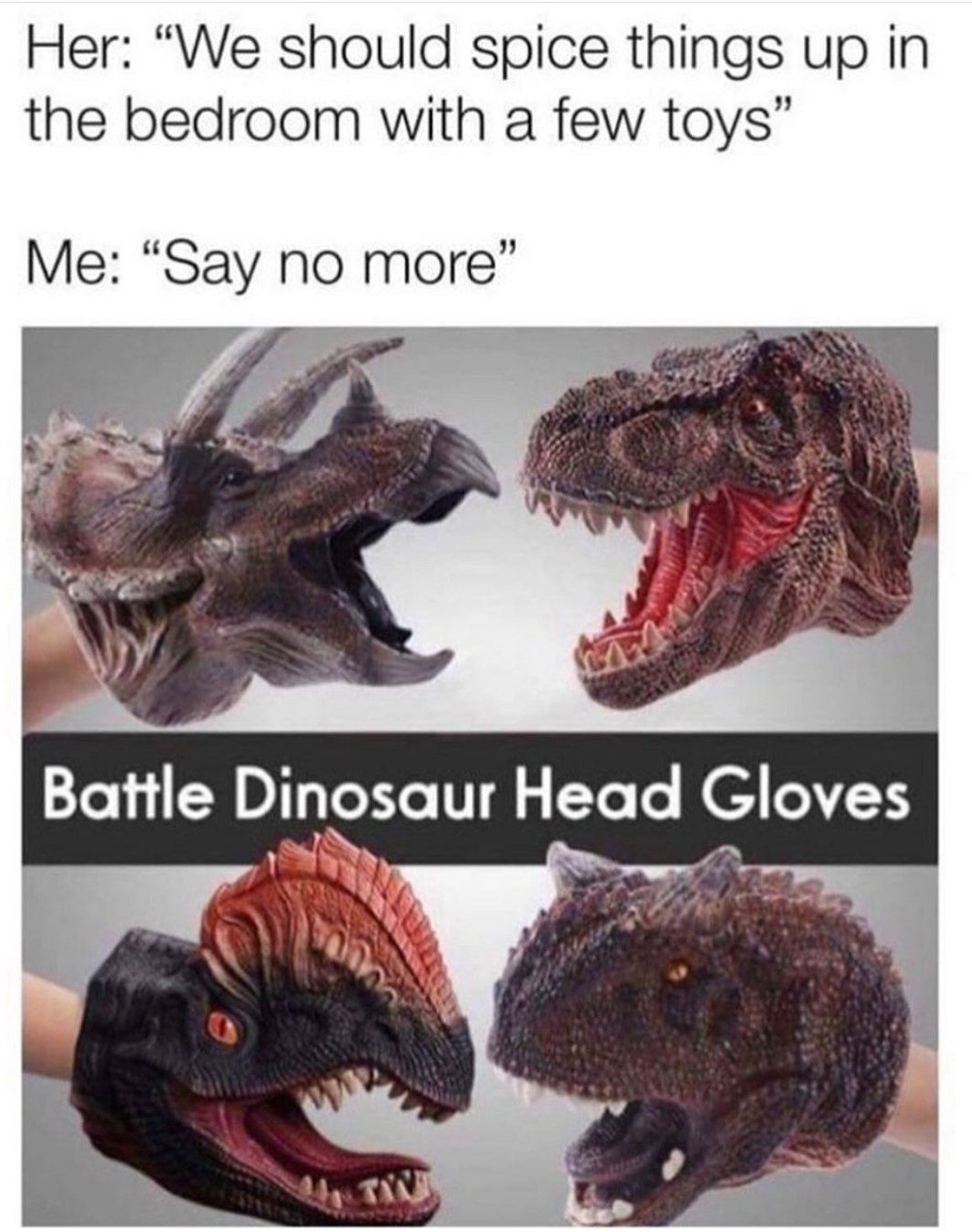 dinosaur battle gloves - Her "We should spice things up in the bedroom with a few toys" Me Say no more" Battle Dinosaur Head Gloves