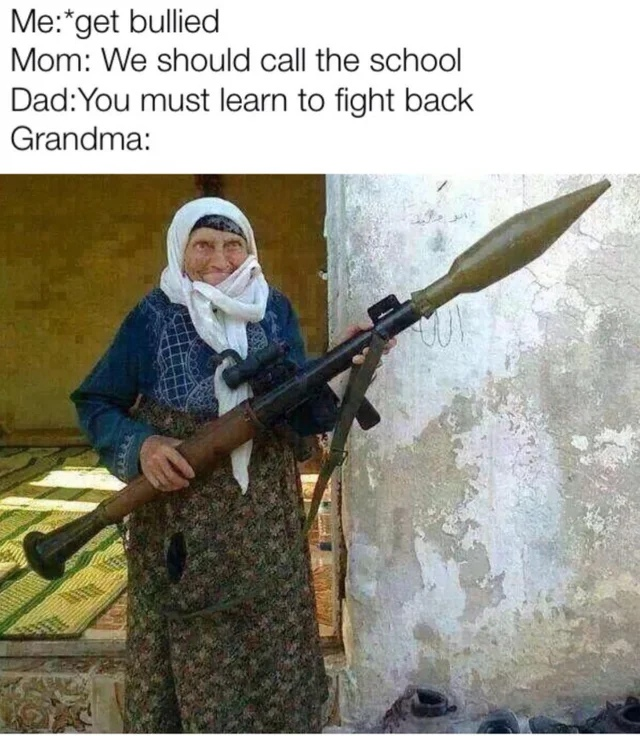 babushka with rocket launcher - Me get bullied Mom We should call the school DadYou must learn to fight back Grandma