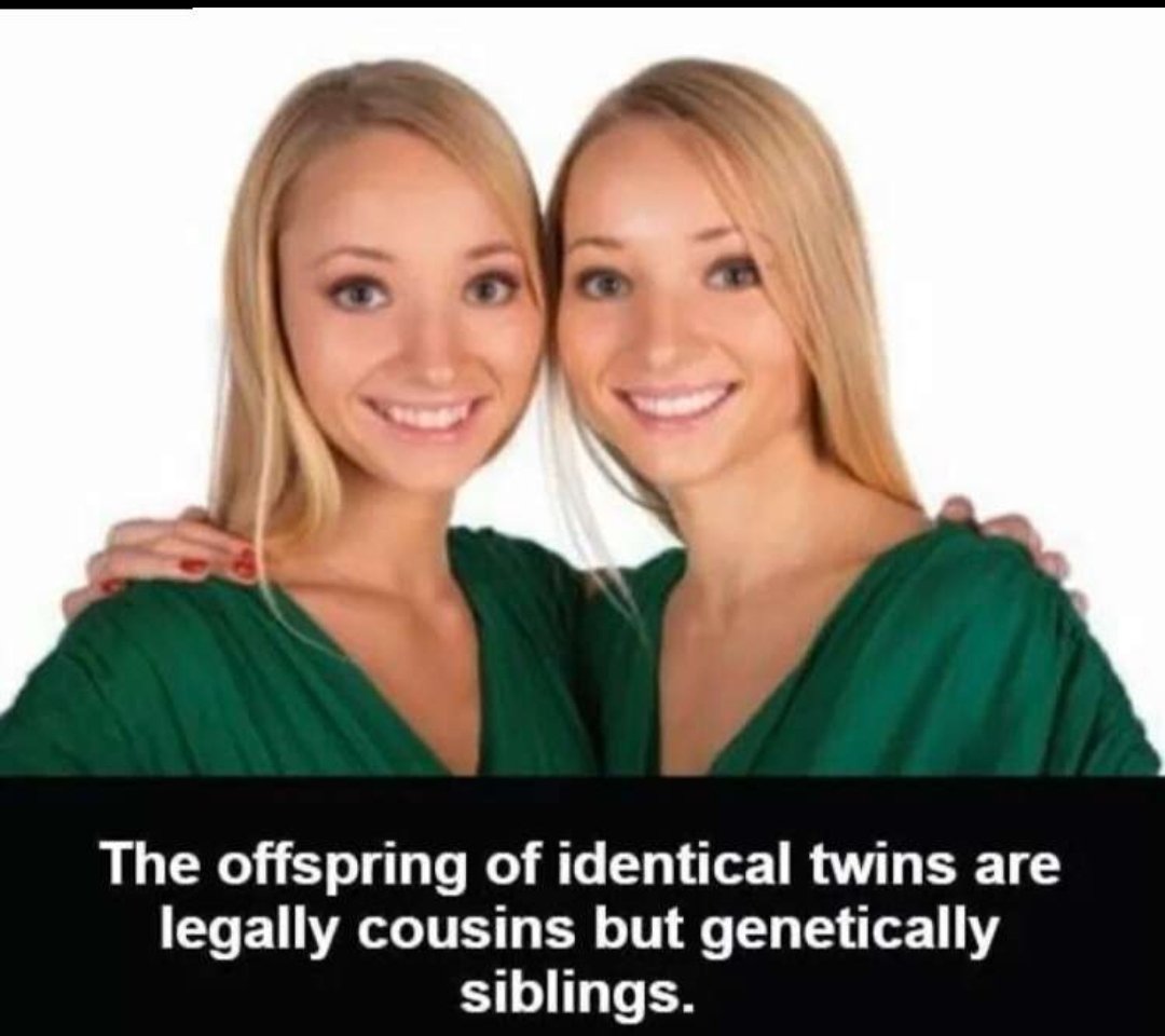 identical twins are weird - The offspring of identical twins are legally cousins but genetically siblings.