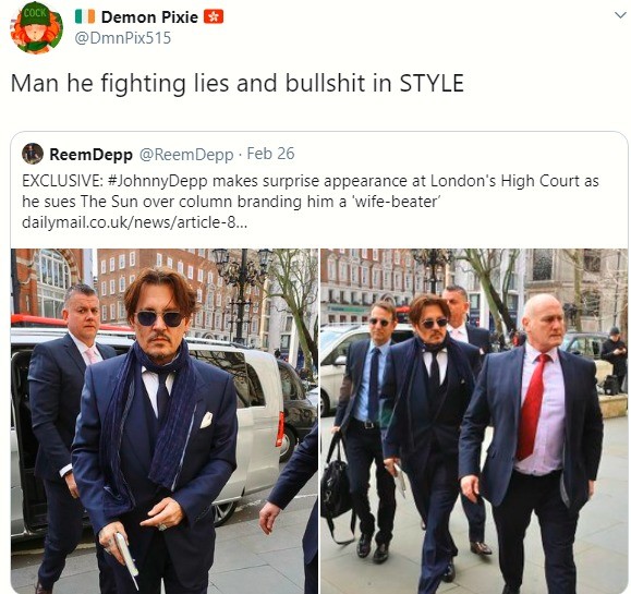 vehicle - Demon Pixie Man he fighting lies and bullshit in Style ReemDepp . Feb 26 Exclusive makes surprise appearance at London's High Court as he sues The Sun over column branding him a 'wifebeater' dailymail.co.uknewsarticle8... A10