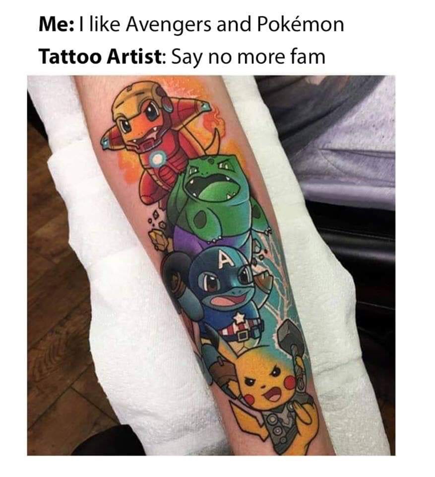 pokemon avengers tattoo - Me I Avengers and Pokmon Tattoo Artist Say no more fam