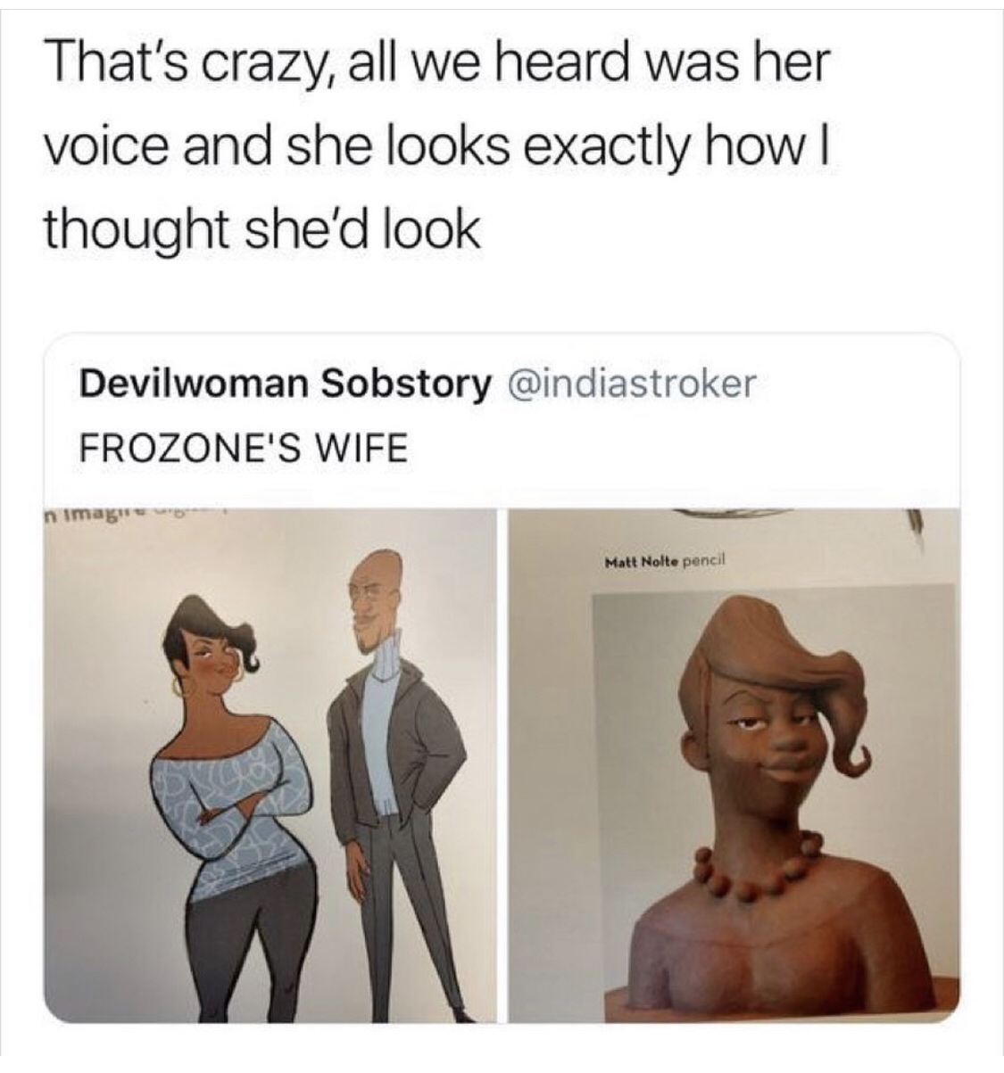 frozone's wife - That's crazy, all we heard was her voice and she looks exactly how | thought she'd look Devilwoman Sobstory Frozone'S Wife n image Matt Nolte pencil