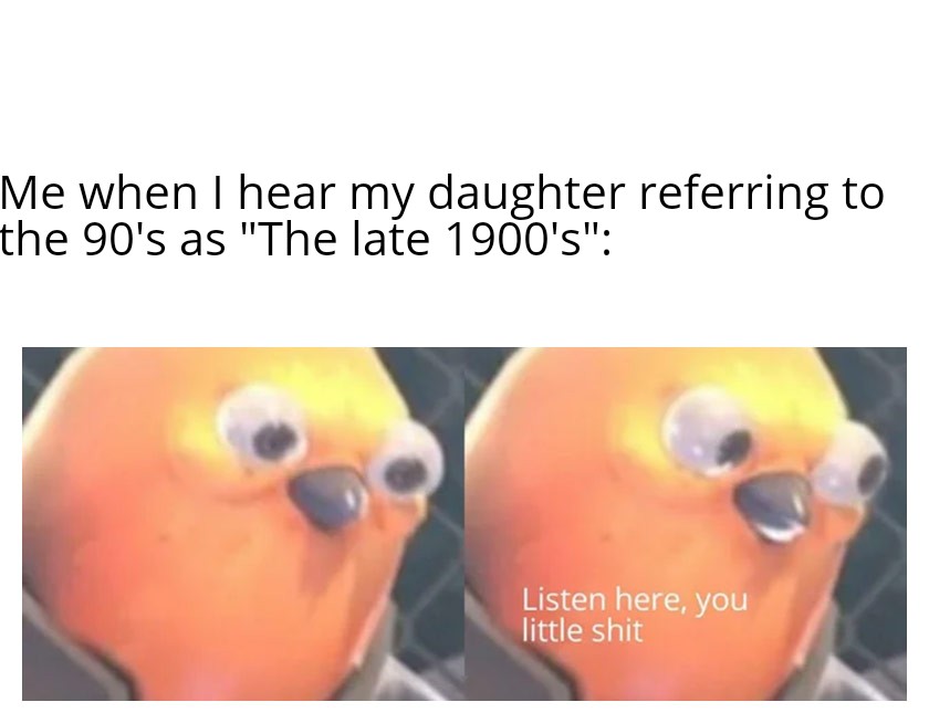 you start talking to someone new meme - Me when I hear my daughter referring to the 90's as "The late 1900's" Listen here, you little shit