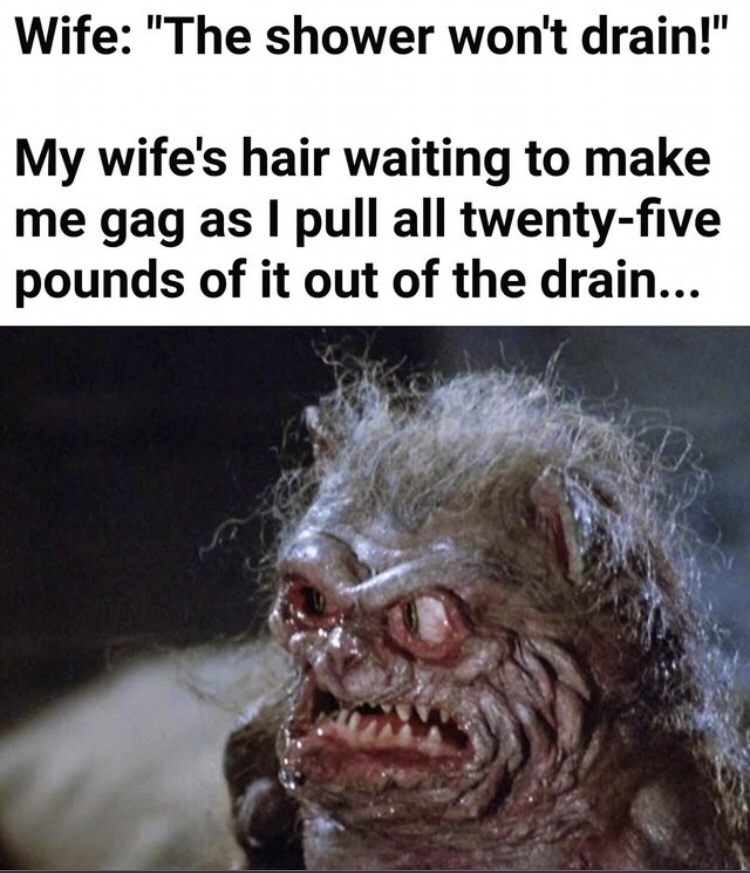 shower wont drain meme - Wife "The shower won't drain!" My wife's hair waiting to make me gag as I pull all twentyfive pounds of it out of the drain...
