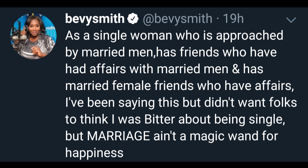atmosphere - bevysmith 19h As a single woman who is approached by married men,has friends who have had affairs with married men & has married female friends who have affairs, I've been saying this but didn't want folks to think I was Bitter about being si