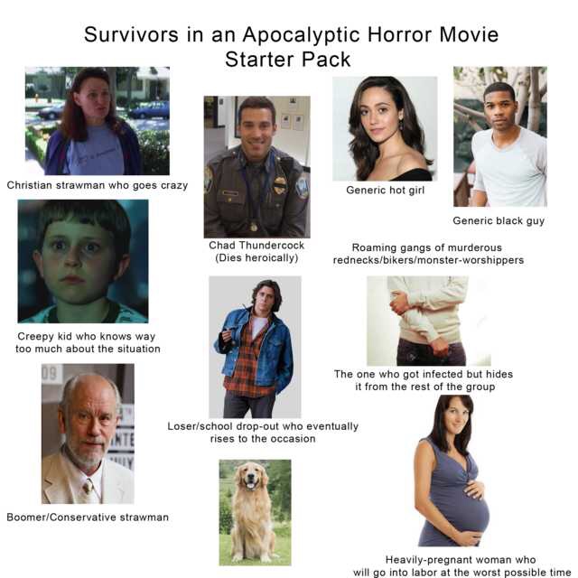 kid starter pack memes - Survivors in an Apocalyptic Horror Movie Starter Pack Christian strawman who goes crazy Generic hot girl Chad Thundercock Dies heroically Generic black guy Roaming gangs of murderous rednecksbikersmonsterworshippers Creepy kid who