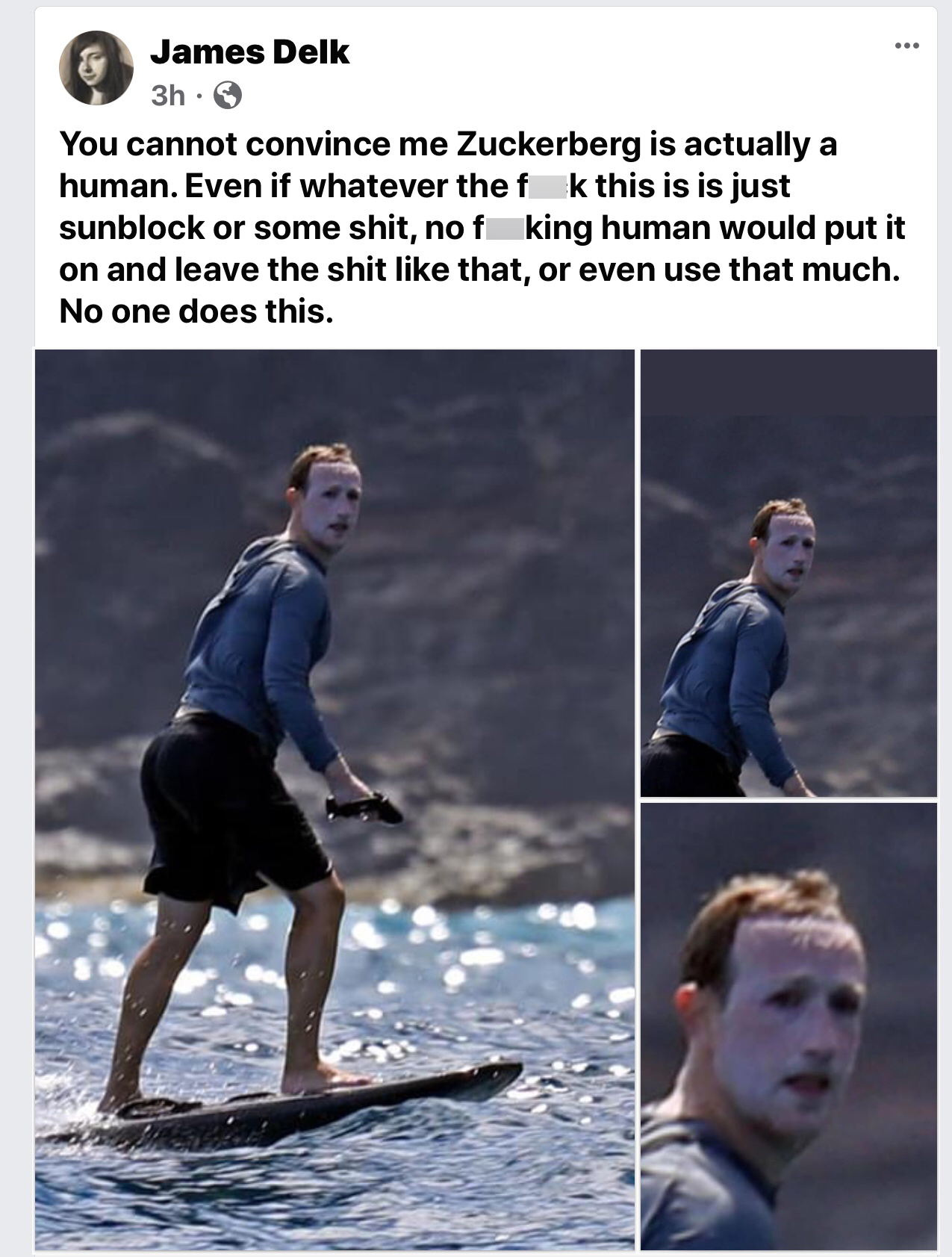water - James Delk 3h. You cannot convince me Zuckerberg is actually a human. Even if whatever the f k this is is just sunblock or some shit, nof king human would put it on and leave the shit that, or even use that much. No one does this.