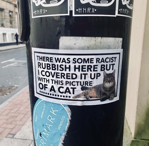 manchester cat sticker racist - Arx Hnrx There Was Some Racist Rubbish Here But Icovered It Up With This Picture Of A Cat Verkocht Primark Venduto