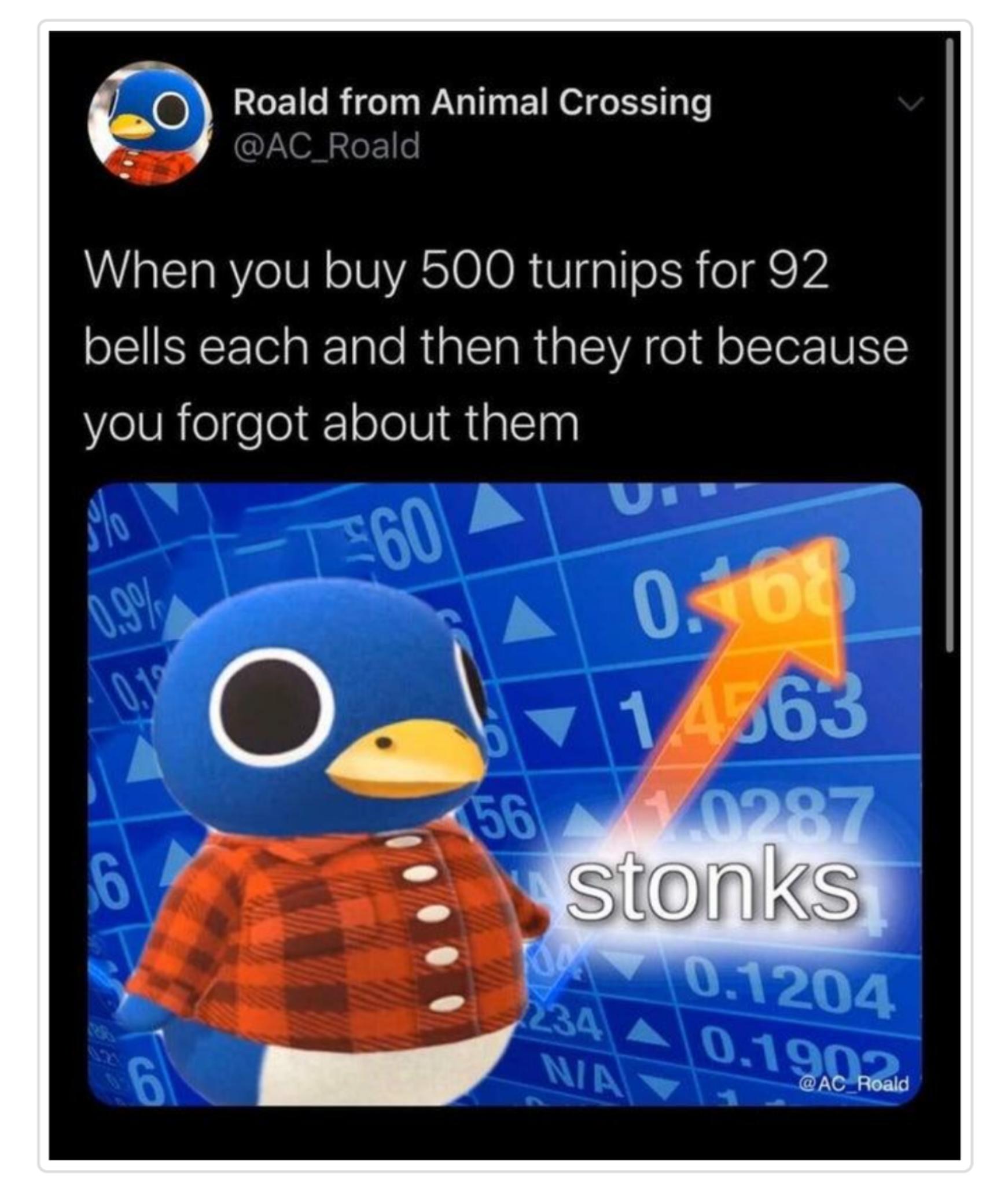 stonks meme - O Roald from Animal Crossing When you buy 500 turnips for 92 bells each and then they rot because you forgot about them 560 0.9% 0.39 A 0.468 1.4363 56 1,0287 stonks co 234 Nia 0.1204 0.1902 co Roald