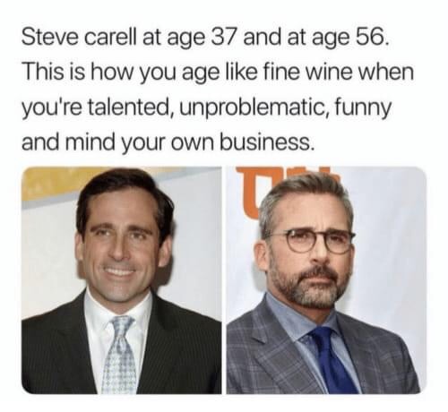 steve carell meme - Steve carell at age 37 and at age 56. This is how you age fine wine when you're talented, unproblematic, funny and mind your own business.