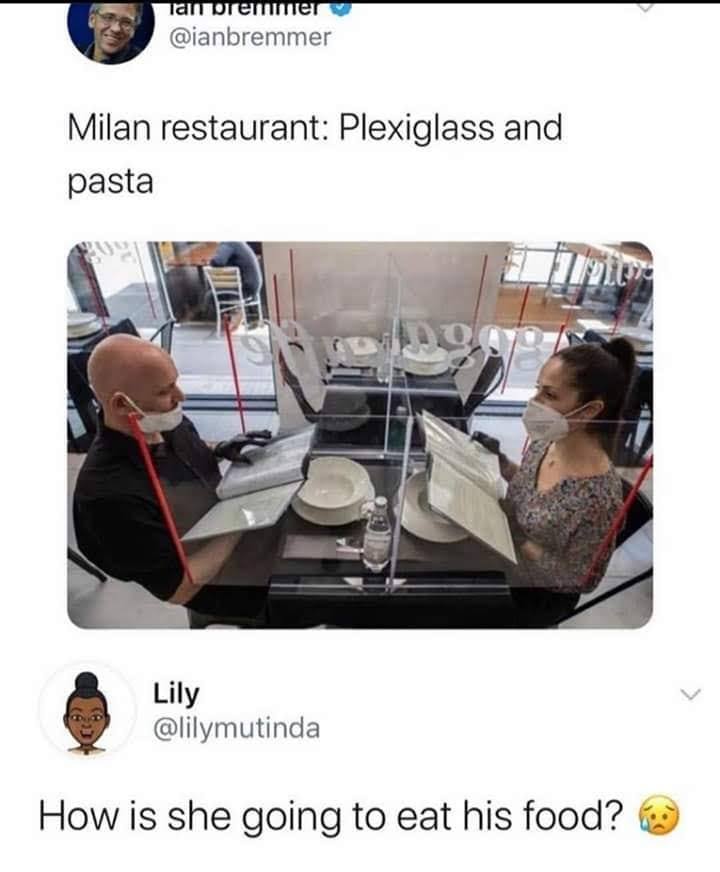 restaurants social distancing ideas - Tamoremmer Milan restaurant Plexiglass and pasta Lily How is she going to eat his food?