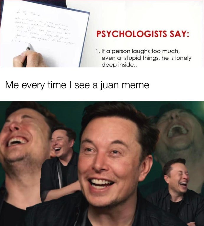 elon musk laughing meme - Psychologists Say 1. If a person laughs too much, even at stupid things, he is lonely deep inside.. Me every time I see a juan meme