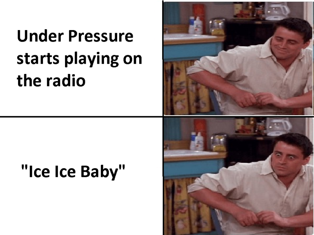presentation - Under Pressure starts playing on the radio "Ice Ice Baby"