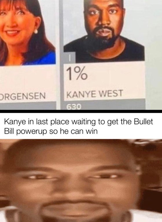 kanye meme - 1% Orgensen Kanye West 630 Kanye in last place waiting to get the Bullet Bill powerup so he can win