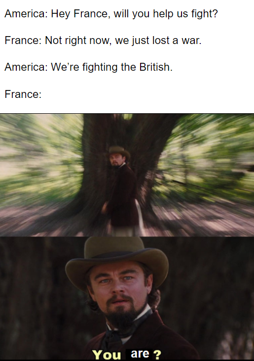 leonardo you will meme - America Hey France, will you help us fight? France Not right now, we just lost a war. America We're fighting the British. France You are ?