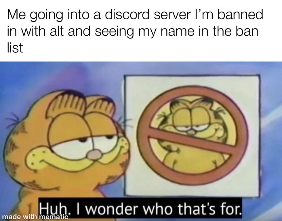garfield wonder who that's - Me going into a discord server I'm banned in with alt and seeing my name in the ban list Huh. I wonder who that's for. made with mematic