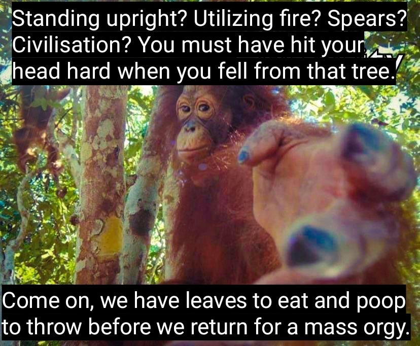 dank memes - reject humanity return to monke - Standing upright? Utilizing fire? Spears? Civilisation? You must have hit your head hard when you fell from that tree. Come on, we have leaves to eat and poop to throw before we return for a mass orgy.