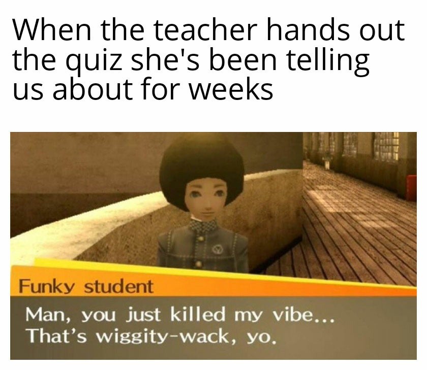 you just killed my vibe - When the teacher hands out the quiz she's been telling us about for weeks Funky student Man, you just killed my vibe... That's wiggitywack, yo.
