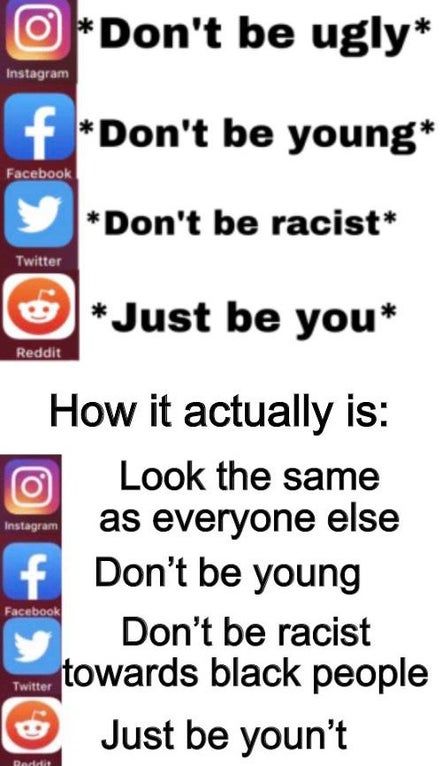 number - O Don't be ugly Instagram f Don't be young Facebook Don't be racist Twitter 0 Just be you Reddit Instagram How it actually is Look the same as everyone else f Don't be young Don't be racist towards black people Just be youn't Facebook Twitter @ P