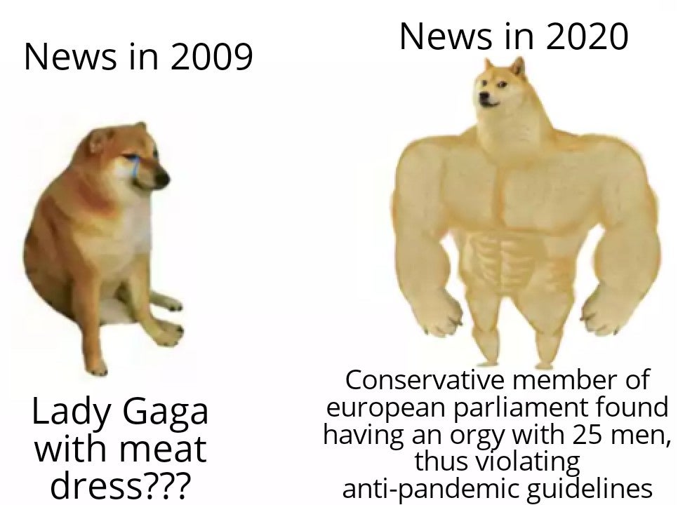 News in 2020 News in 2009 Lady Gaga with meat dress??? Conservative member of european parliament found having an orgy with 25 men, thus violating antipandemic guidelines