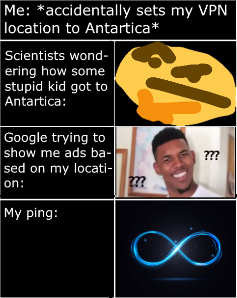 media - Me accidentally sets my Vpn location to Antartica Scientists wond ering how some stupid kid got to Antartica Google trying to show me ads ba sed on my locati on ??? ?? My ping