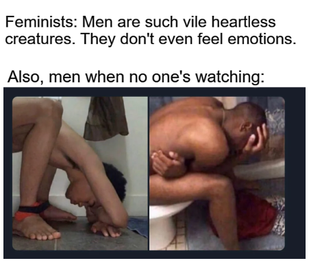 muscle - Feminists Men are such vile heartless creatures. They don't even feel emotions. Also, men when no one's watching