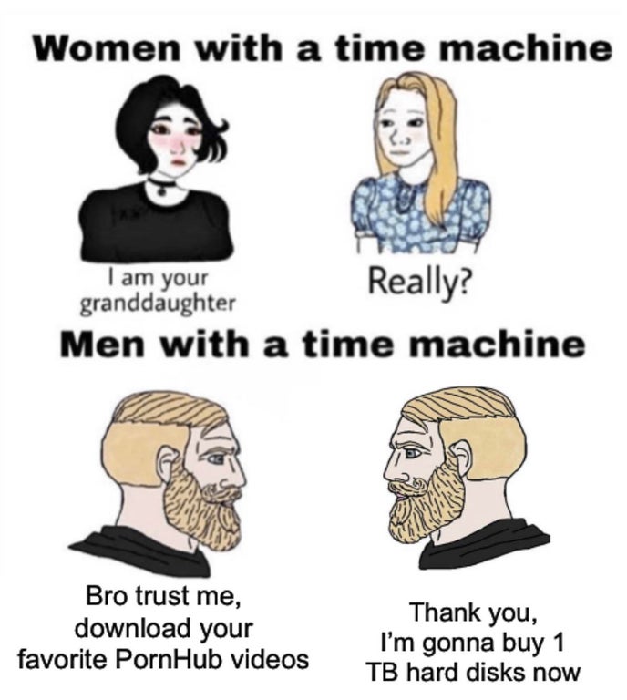 me with a time machine meme - Women with a time machine I am your Really? granddaughter Men with a time machine Bro trust me, download your favorite PornHub videos Thank you, I'm gonna buy 1 Tb hard disks now