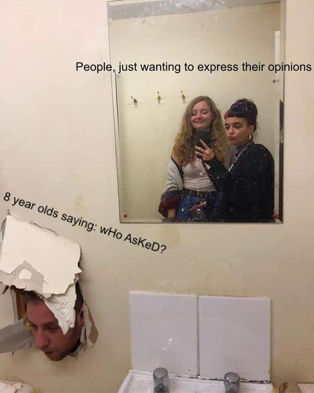 mirror meme template - People, just wanting to express their opinions 8 year olds saying wHo Asked?