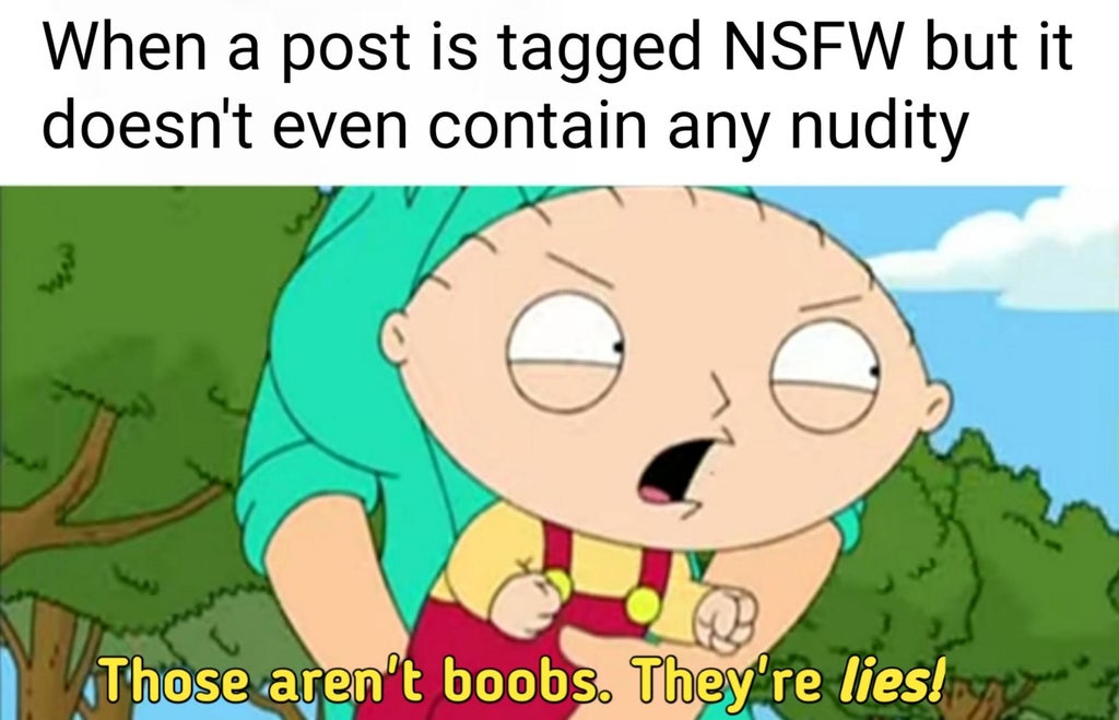 cartoon - When a post is tagged Nsfw but it doesn't even contain any nudity Those aren't boobs. They're lies!