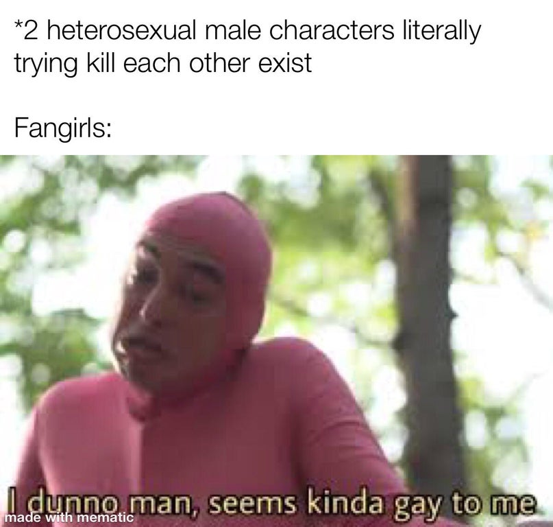 seems kinda gay - 2 heterosexual male characters literally trying kill each other exist Fangirls I dunno man, seems kinda gay to me made with mematic