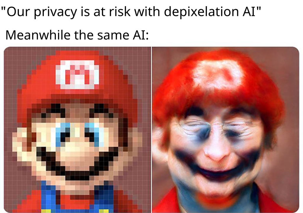 mario face depixelizer - "Our privacy is at risk with depixelation Ai" Meanwhile the same Ai