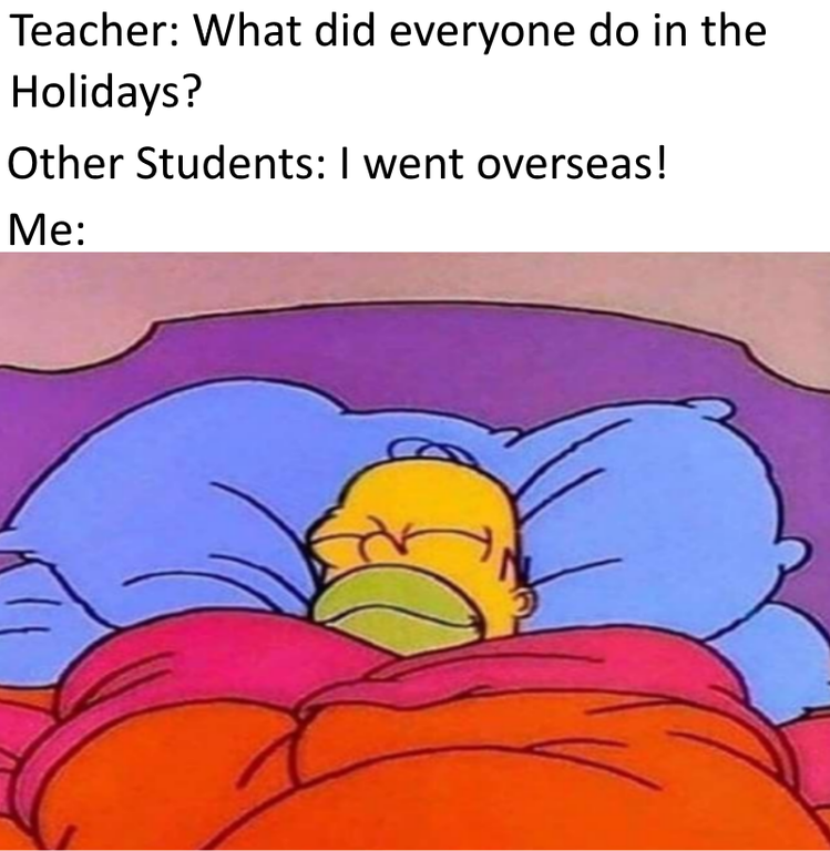 happy sleeping meme - Teacher What did everyone do in the Holidays? Other Students I went overseas! Me