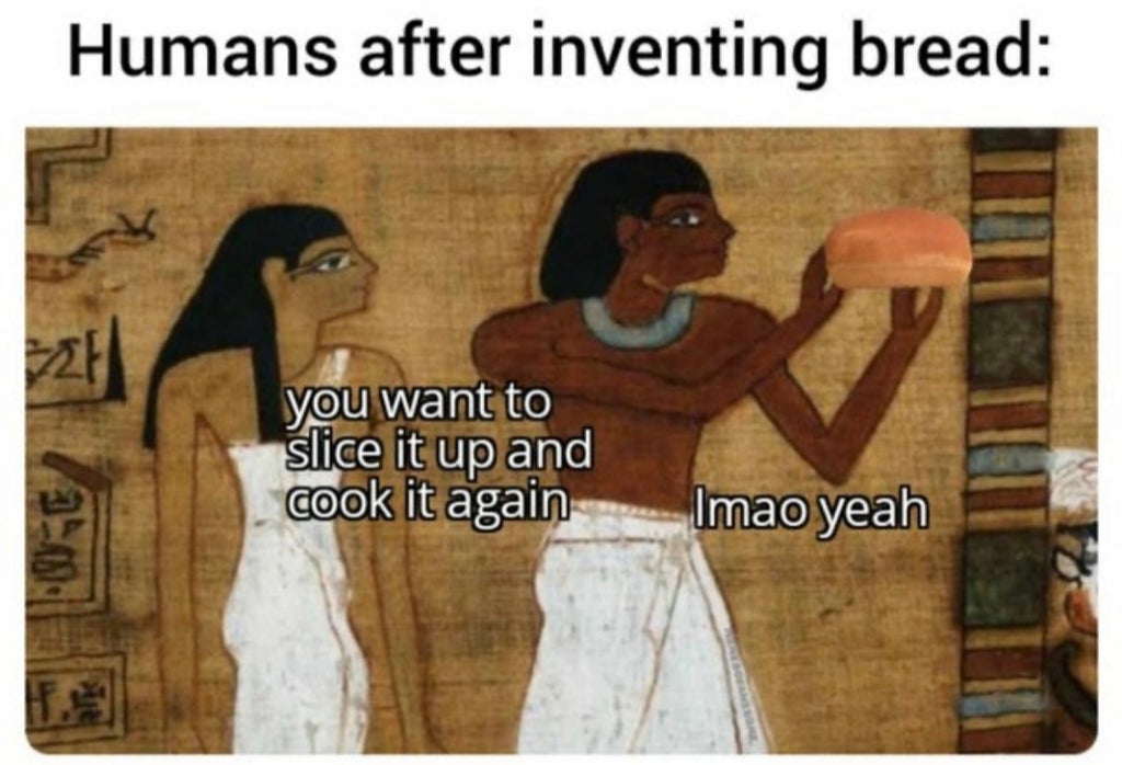 Humans after inventing bread you want to slice it up and cook it again Imao yeah