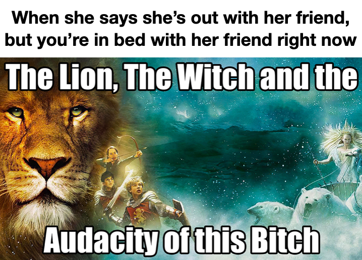 lion the witch and the audacity - When she says she's out with her friend, but you're in bed with her friend right now The Lion, The Witch and the Audacity of this Bitch