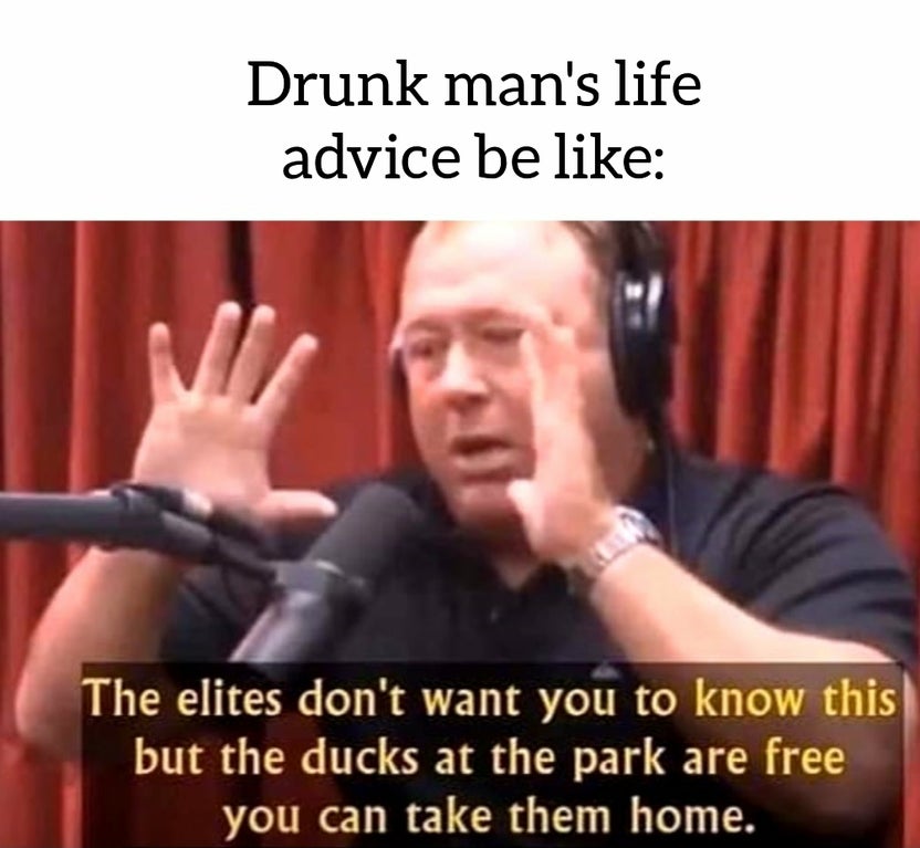 funny dank memes - Drunk man's life advice be The elites don't want you to know this but the ducks at the park are free you can take them home.