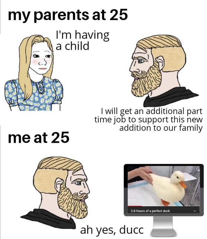 funny dank memes - my parents at 25 I'm having a child - I will get an additional part time job to support this new addition to our family me at 25 - ah yes, ducc