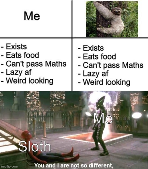 funny dank memes - you and i are not so different spider man - Me Exists Eats food Can't pass Maths Lazy af Weird looking Exists Eats food Can't pass Maths Lazy af Weird looking Me An Sloth You and I are not so different,