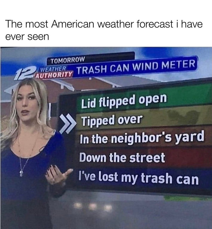 metric meme - The most American weather forecast i have ever seen Tomorrow 12 Awfaterty Trash Can Wind Meter Lid flipped open Tipped over In the neighbor's yard Down the street I've lost my trash can