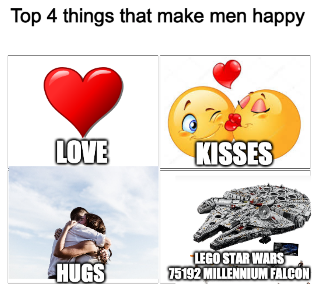 kissing smiley - Top 4 things that make men happy Love Kisses Hugs Lego Star Wars 75192 Millennium Falcon