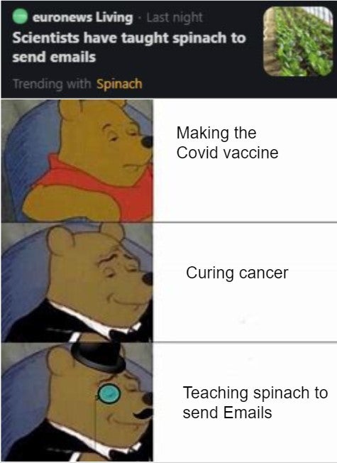 reddit followers meme - euronews Living Last night Scientists have taught spinach to send emails Trending with Spinach Making the Covid vaccine Curing cancer Teaching spinach to send Emails
