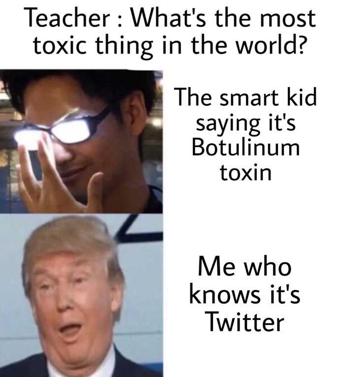 smart memes - Teacher What's the most toxic thing in the world? The smart kid saying it's Botulinum toxin Me who knows it's Twitter