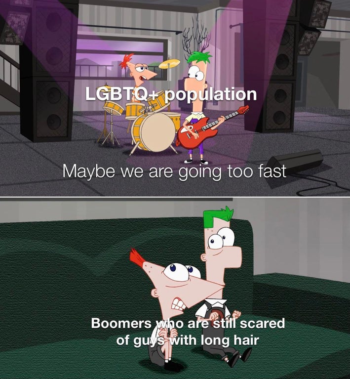 cartoon - Lgbtq population Maybe we are going too fast Boomers who are still scared of guys with long hair
