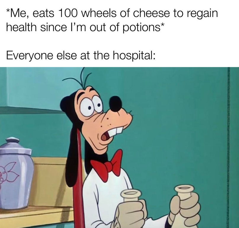 me licking the knife after im done - Me, eats 100 wheels of cheese to regain health since I'm out of potions Everyone else at the hospital 3.