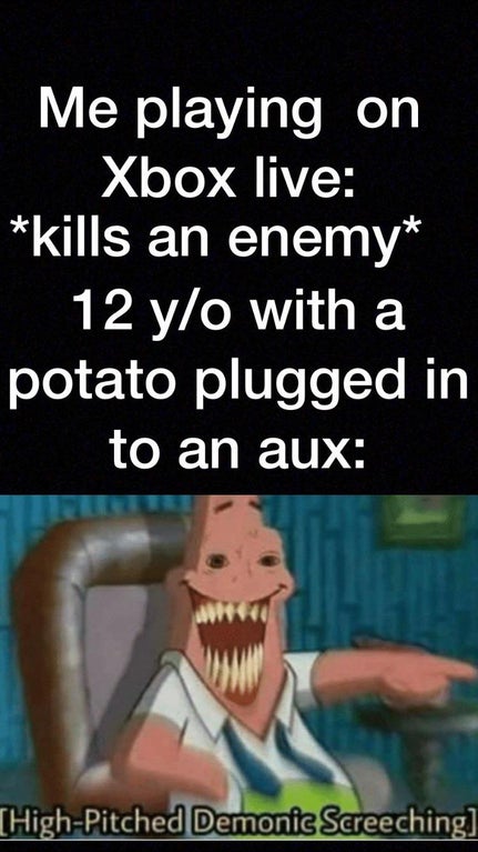 very funny memes - Me playing on Xbox live kills an enemy 12 yo with a potato plugged in to an aux HighPitched Demonic Screeching